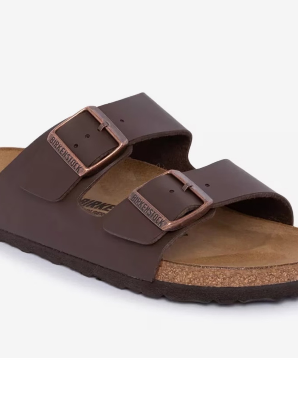 Birkenstock Arizona Two-Strap Sandal in Brown with Copper Buckles
